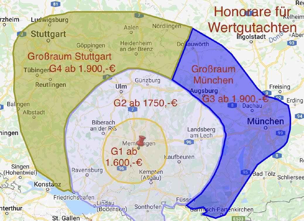 Beratungsgebiet mit Honoraren für Wertgutachten